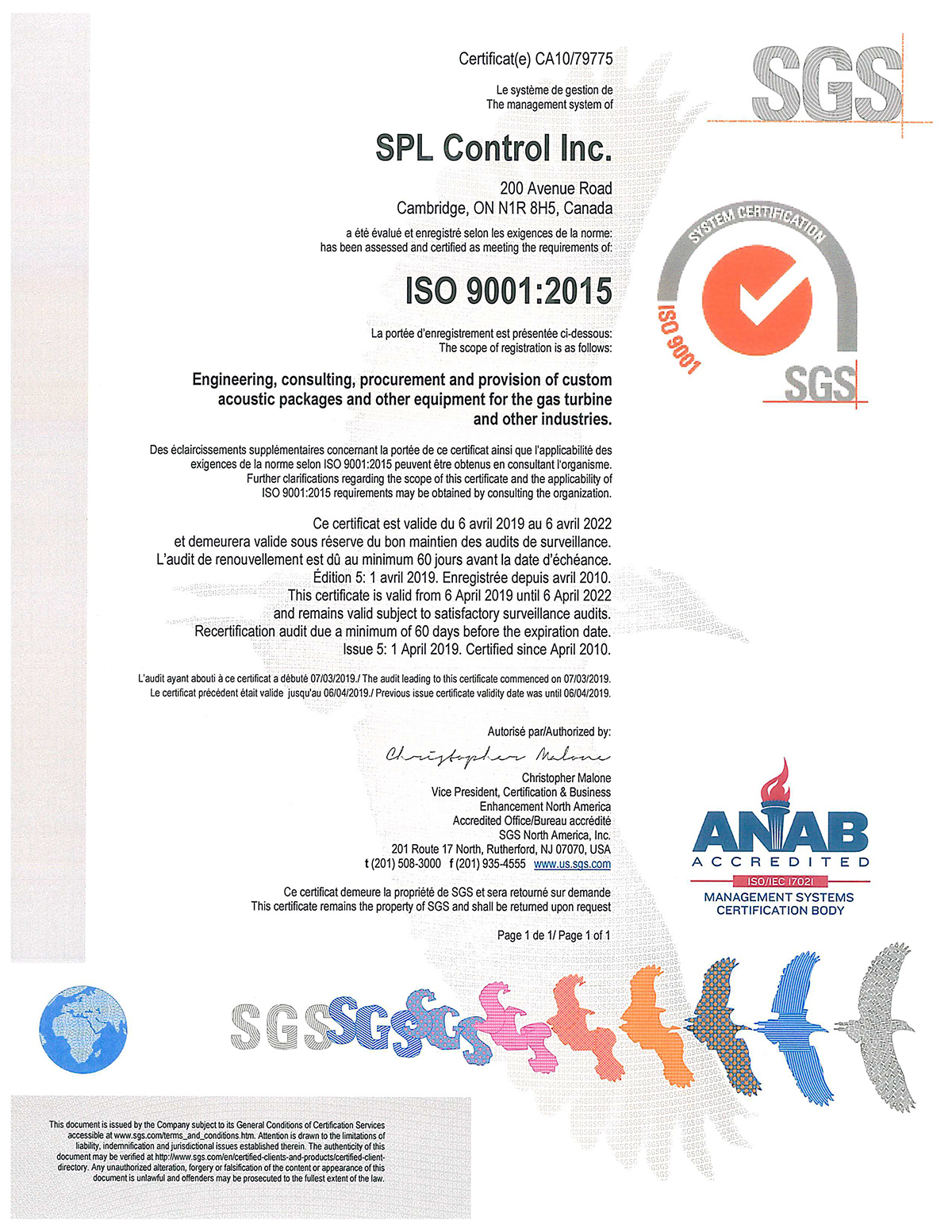 SPL Control Inc. ISO Certificate 2022